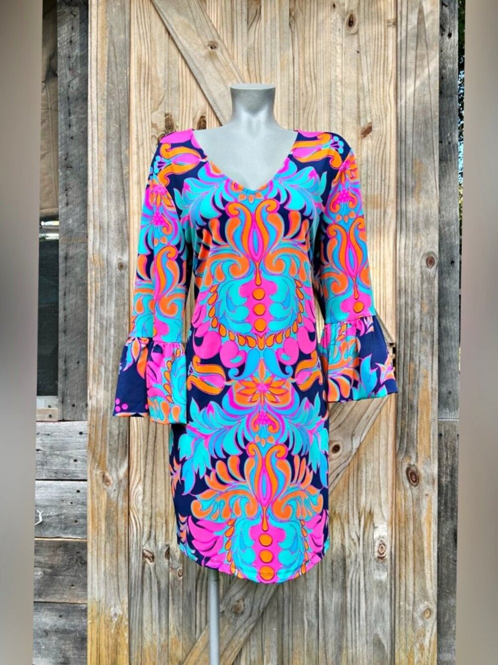 Julie Brown NYC Retro Style Paisley Swirl Bell Sleeve Hippie Mini Dress~XL~